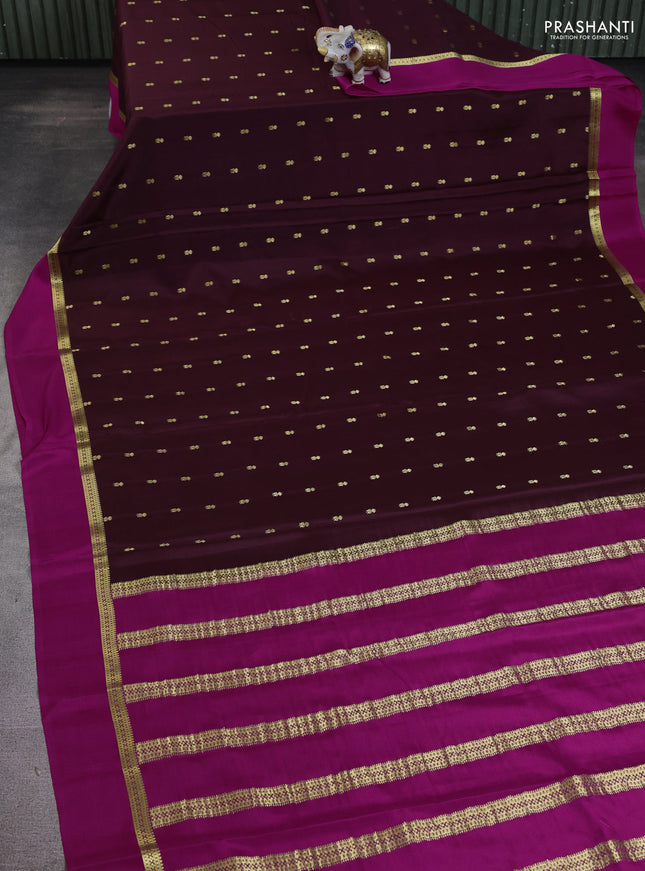 Pure mysore silk saree coffee brown and magenta pink with allover zari woven buttas and zari woven simple border