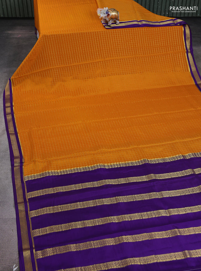 Pure mysore silk saree mustard yellow and violet with allover zari checked pattern and zari woven border