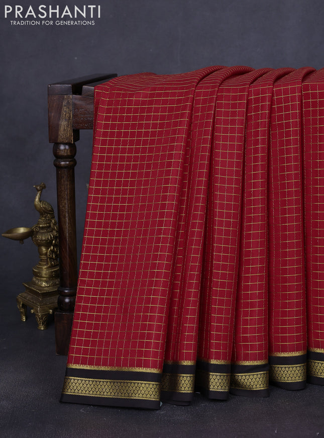 Pure mysore silk saree red and coffee brown with allover zari checked pattern and zari woven border