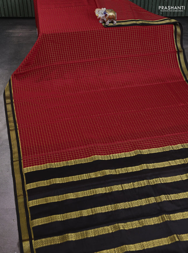 Pure mysore silk saree red and coffee brown with allover zari checked pattern and zari woven border