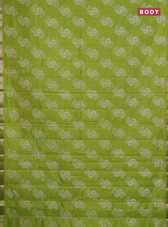Semi raw silk saree fluorescent green with butta prints and zari woven border