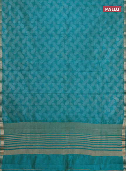 Semi raw silk saree teal blue with allover geometric prints and zari woven border