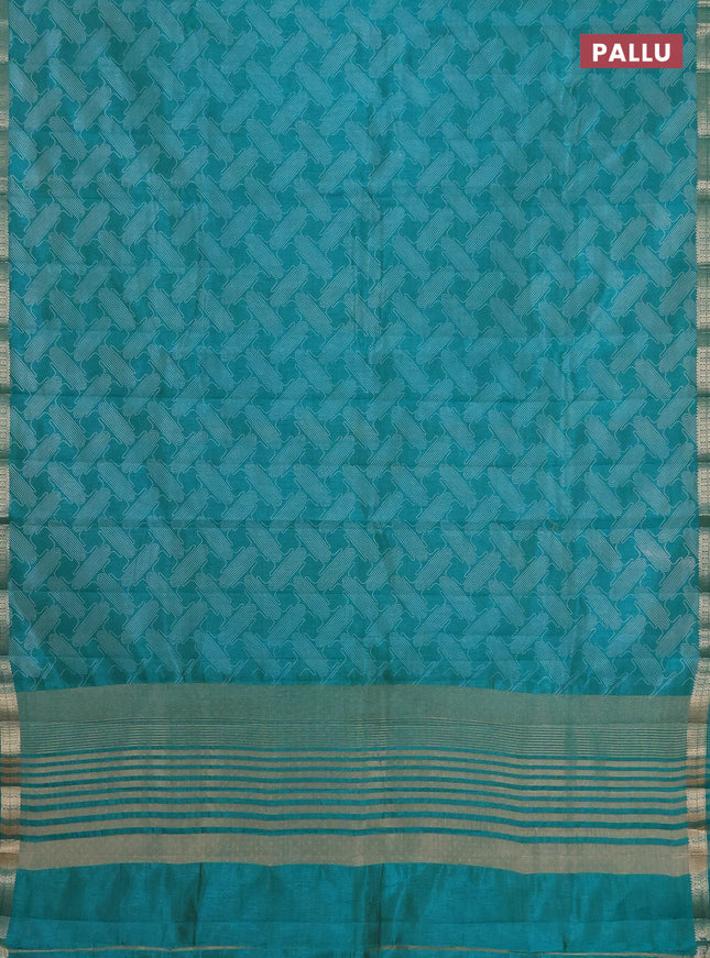 Semi raw silk saree teal blue with allover geometric prints and zari woven border