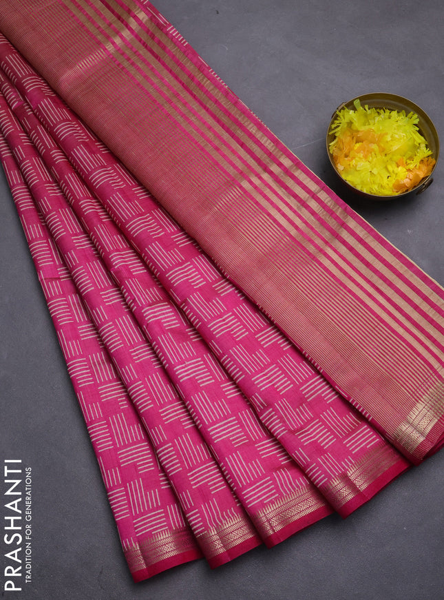 Semi raw silk saree pink with allover geometric prints and zari woven border