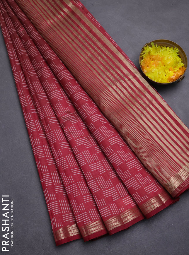 Semi raw silk saree maroon with allover geometric prints and zari woven border
