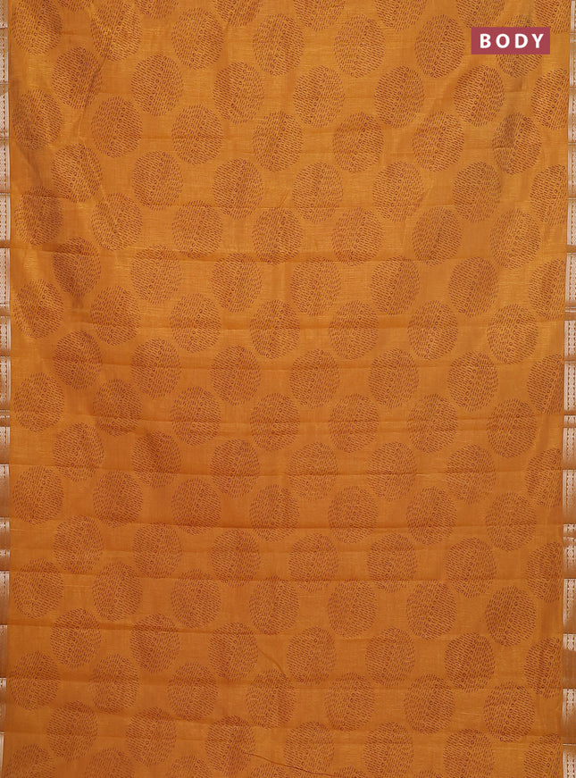 Semi raw silk saree mustard yellow with allover geometric butta prints and zari woven border