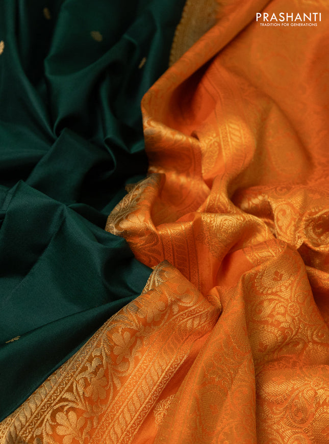 Pure gadwal silk saree bottle green and orange with zari woven buttas and temple design zari woven border