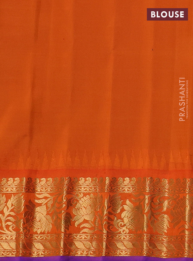 Pure gadwal silk saree bottle green and orange with zari woven buttas and temple design zari woven border