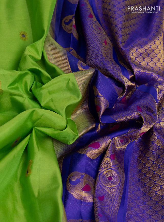 Pure gadwal silk saree light green and blue with zari woven buttas and temple design zari woven border