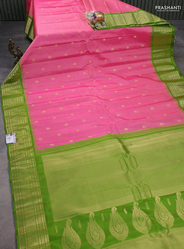 Pure gadwal silk saree light pink and light green with zari woven buttas and temple design paisley zari woven border