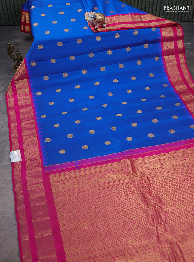Pure gadwal silk saree blue and pink with zari woven buttas and temple design rettapet zari woven border
