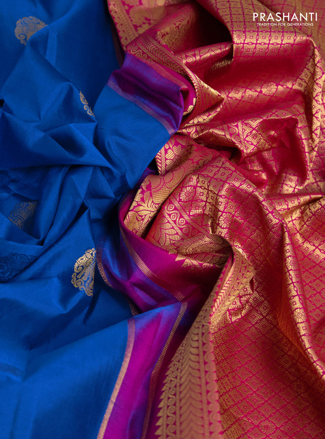 Pure gadwal silk saree blue and pink with zari woven buttas and temple design rettapet zari woven border