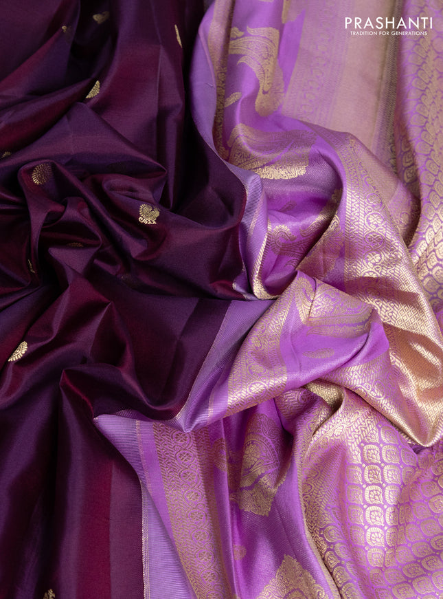 Pure gadwal silk saree deep purple and lavender with zari woven buttas and temple design zari woven border
