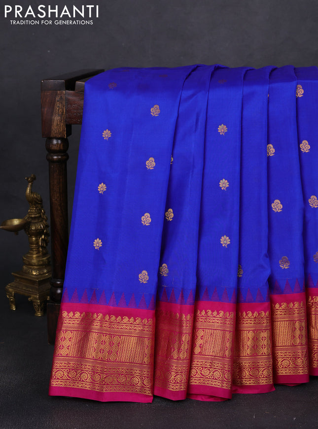 Pure gadwal silk saree blue and pink with zari woven buttas and temple design zari woven border
