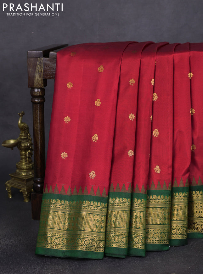 Pure gadwal silk saree red and green with zari woven buttas and temple design zari woven border