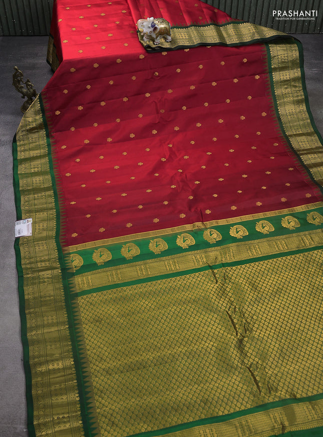 Pure gadwal silk saree red and green with zari woven buttas and temple design zari woven border