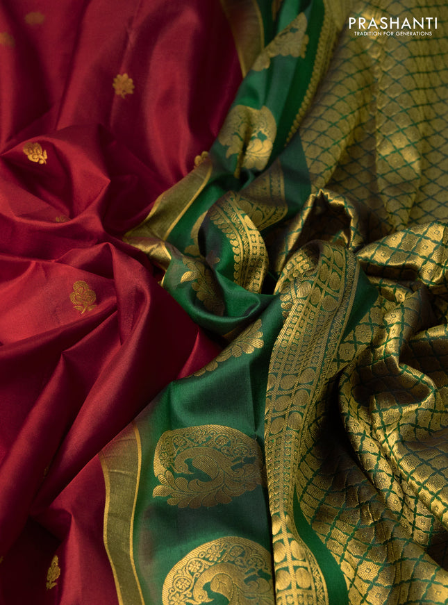 Pure gadwal silk saree red and green with zari woven buttas and temple design zari woven border