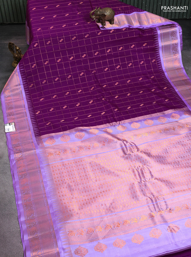 Pure gadwal silk saree purple and lavender with allover zari checks & buttas and temple design zari woven border