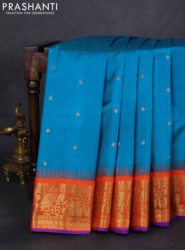 Pure gadwal silk saree cs blue and orange with zari woven buttas and temple design floral zari woven border
