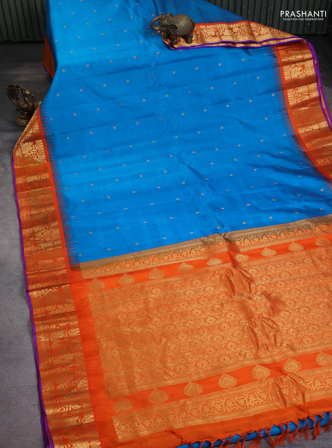 Pure gadwal silk saree cs blue and orange with zari woven buttas and temple design floral zari woven border