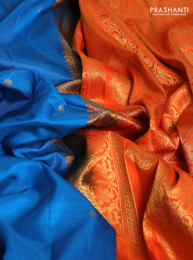 Pure gadwal silk saree cs blue and orange with zari woven buttas and temple design floral zari woven border