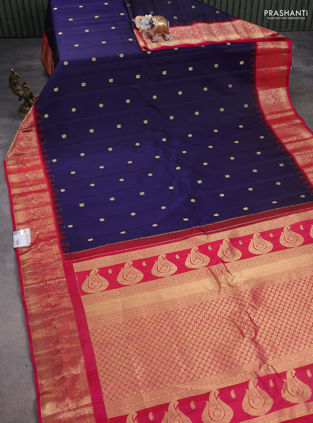 Pure gadwal silk saree navy blue and pink with zari woven buttas and temple design floral zari woven border