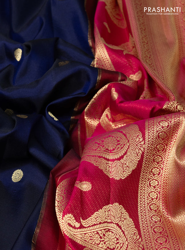 Pure gadwal silk saree navy blue and pink with zari woven buttas and temple design floral zari woven border