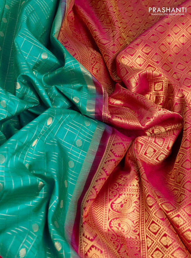 Pure gadwal silk saree teal blue and pink with allover zari checks & buttas and long zari woven border