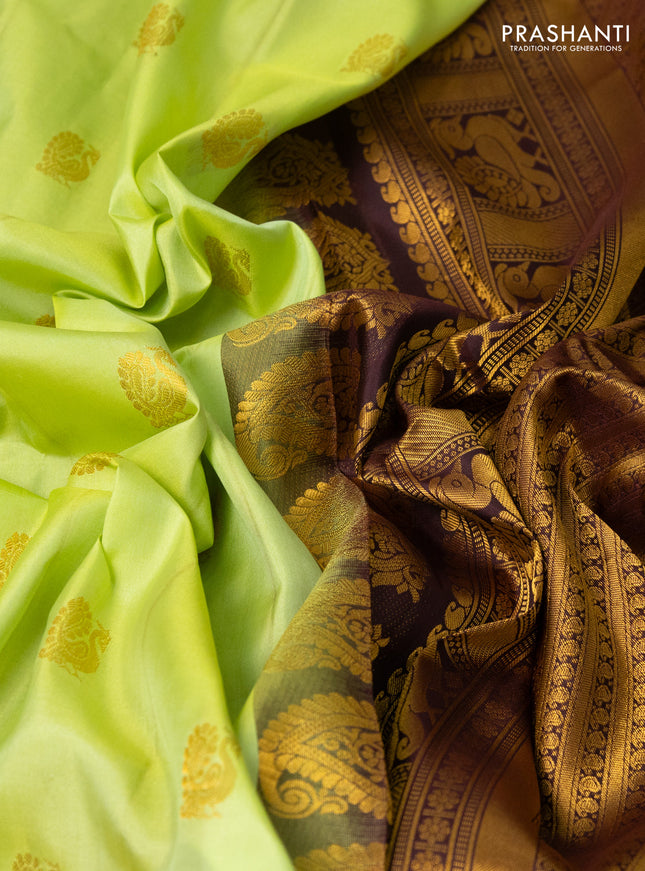 Pure gadwal silk saree pista green and deep maroon with zari woven buttas and long temple design zari woven border