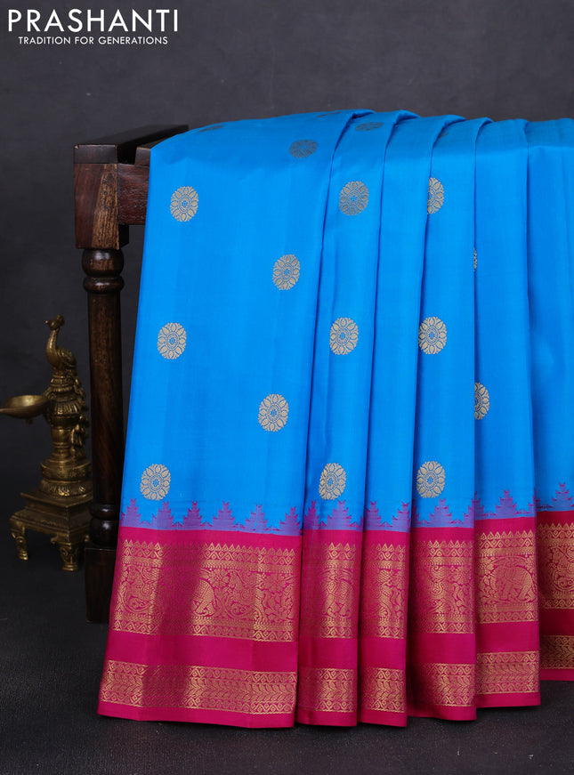 Pure gadwal silk saree cs blue and pink with zari woven buttas and temple design rettapet zari woven border