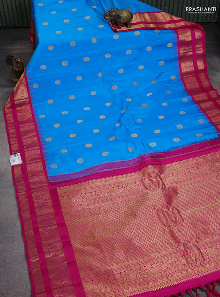 Pure gadwal silk saree cs blue and pink with zari woven buttas and temple design rettapet zari woven border
