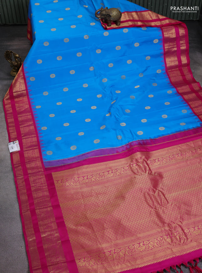 Pure gadwal silk saree cs blue and pink with zari woven buttas and temple design rettapet zari woven border