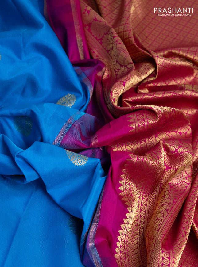 Pure gadwal silk saree cs blue and pink with zari woven buttas and temple design rettapet zari woven border