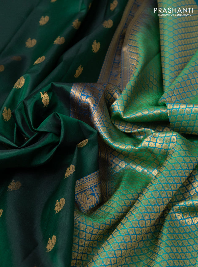 Pure gadwal silk saree green and teal green with annam zari woven buttas and temple design zari woven border