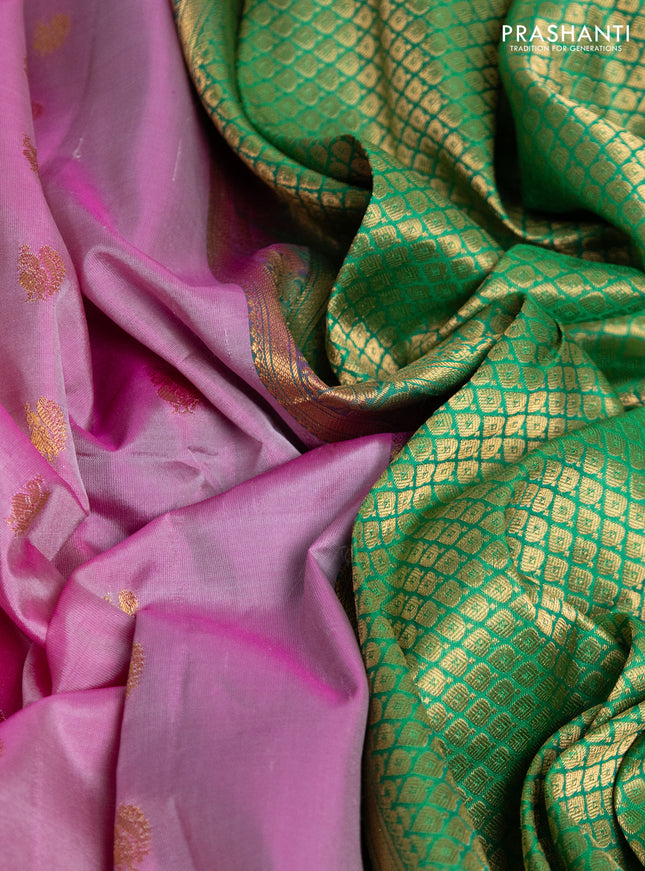 Pure gadwal silk saree pink shade and green with annam zari woven buttas and temple design zari woven border