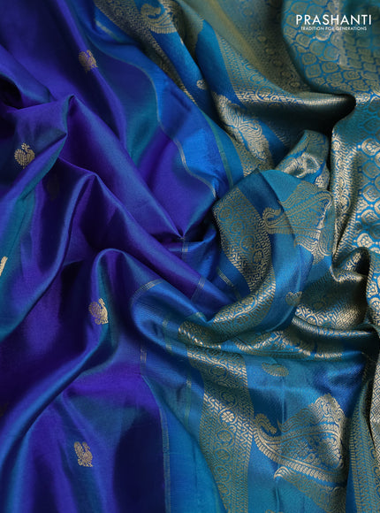 Pure gadwal silk saree dual shade of blue and teal blue with annam zari woven buttas and temple design zari woven border