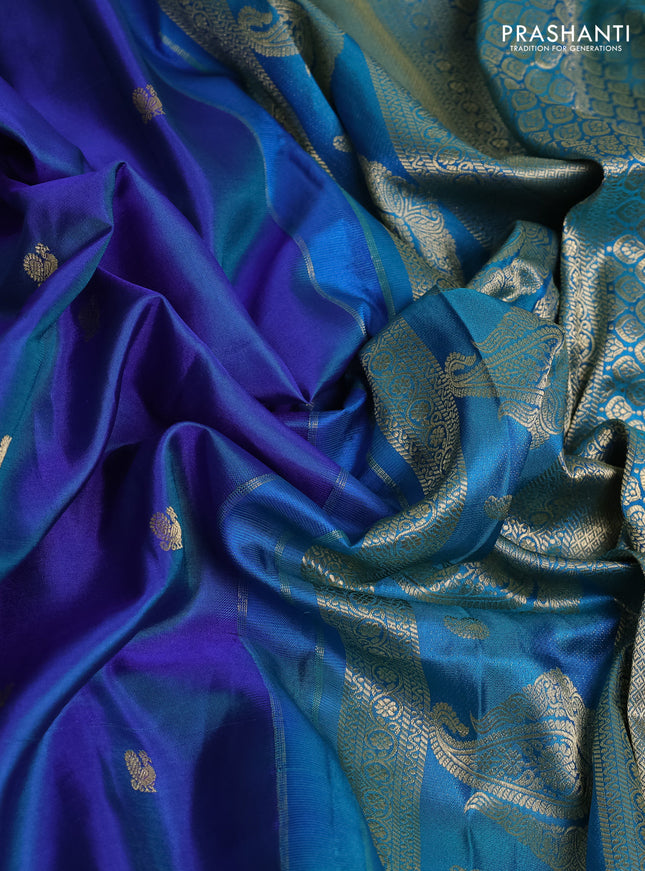 Pure gadwal silk saree dual shade of blue and teal blue with annam zari woven buttas and temple design zari woven border