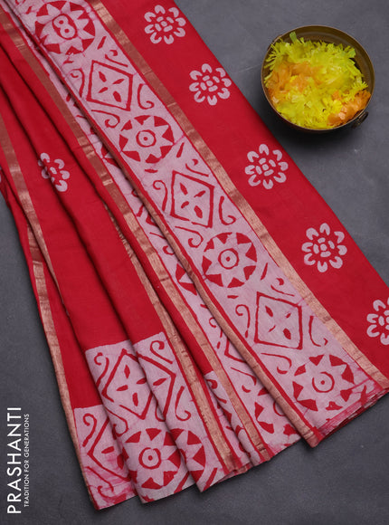 Semi chanderi saree red with allover zari strips & batik butta prints in borderless style