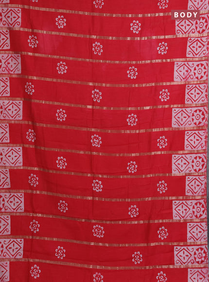 Semi chanderi saree red with allover zari strips & batik butta prints in borderless style