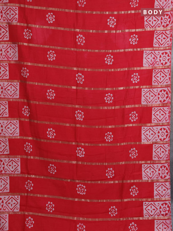 Semi chanderi saree red with allover zari strips & batik butta prints in borderless style