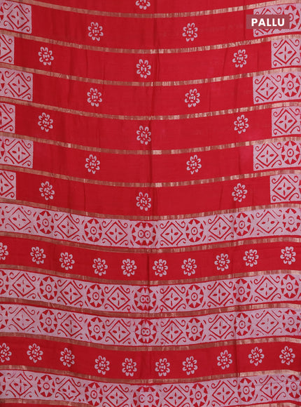 Semi chanderi saree red with allover zari strips & batik butta prints in borderless style