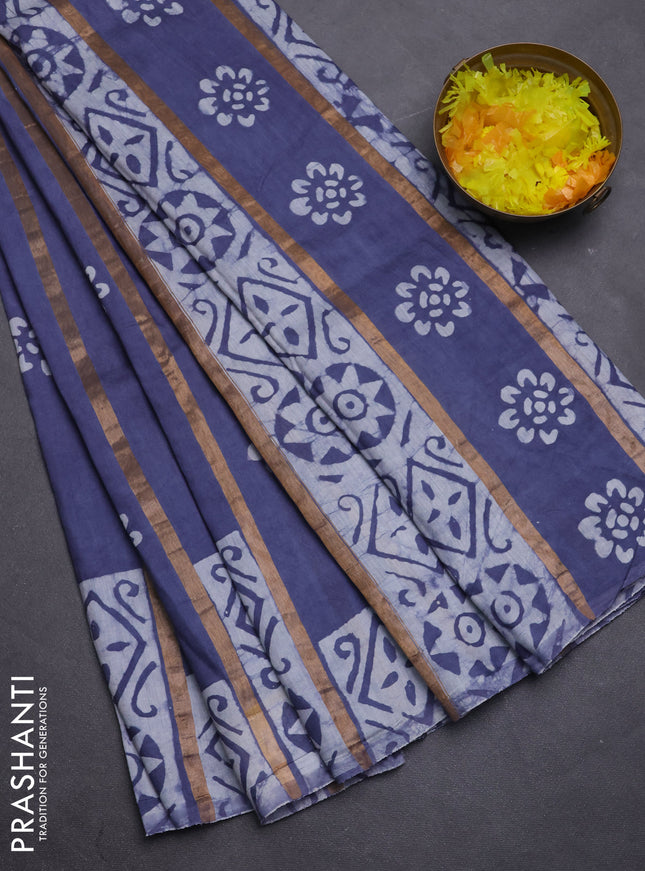 Semi chanderi saree dark grey with allover zari strips & batik butta prints in borderless style
