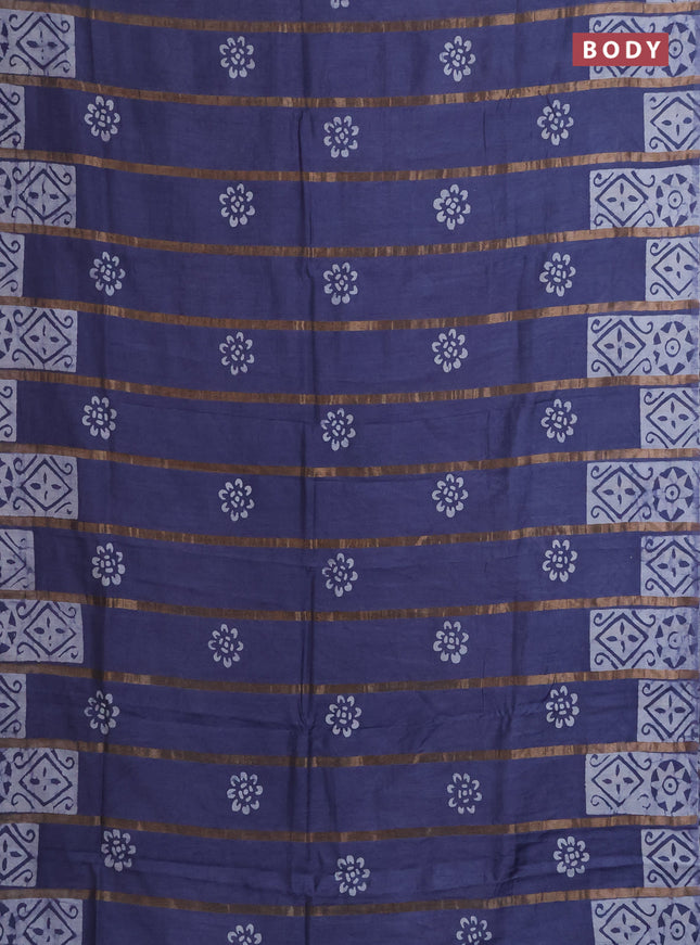 Semi chanderi saree dark grey with allover zari strips & batik butta prints in borderless style