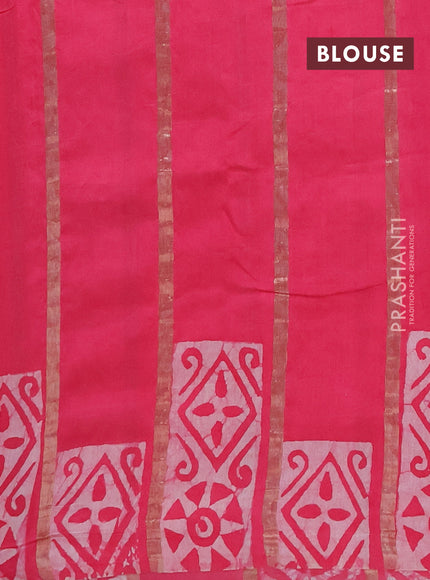 Semi chanderi saree candy pink with allover zari strips & batik butta prints in borderless style