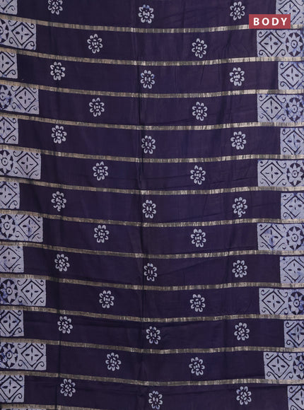 Semi chanderi saree navy blue with allover zari strips & batik butta prints in borderless style