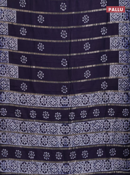 Semi chanderi saree navy blue with allover zari strips & batik butta prints in borderless style