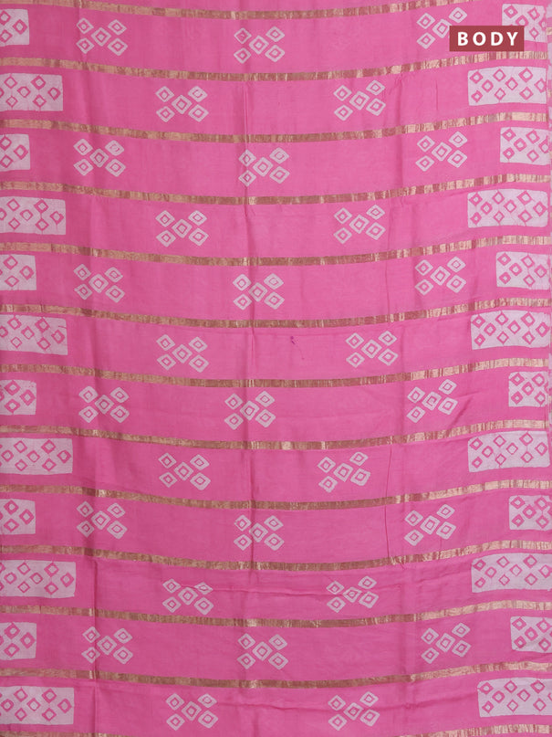 Semi chanderi saree light pink with allover zari strips & batik butta prints in borderless style