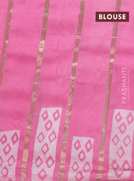 Semi chanderi saree light pink with allover zari strips & batik butta prints in borderless style