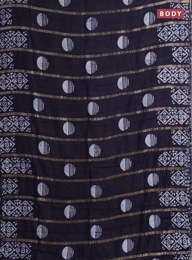 Semi chanderi saree deep navy blue with allover zari strips & batik butta prints in borderless style