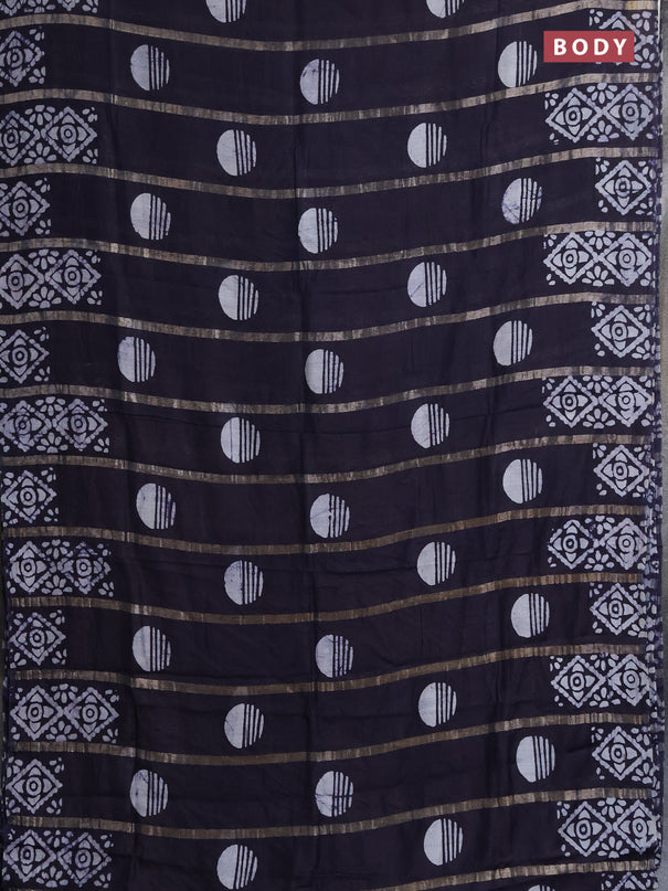 Semi chanderi saree deep navy blue with allover zari strips & batik butta prints in borderless style